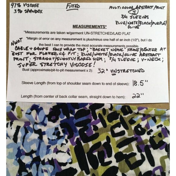 𝅺cable & GAUGE Fitted Pullover Top, Blue/White/Black/Purple print, NWOT, Size S - Picture 9 of 9